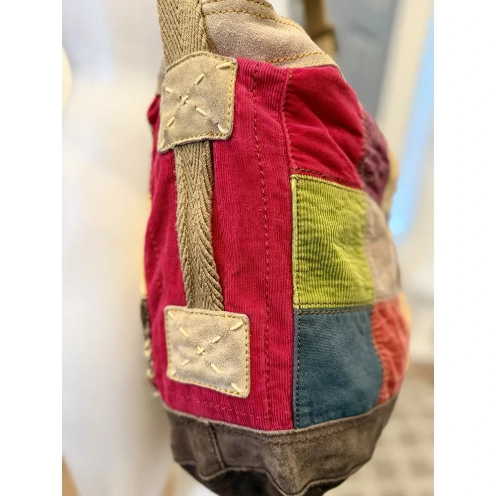 VTG Lucky Brand Corduroy Patchwork Boho Shoulder Bag large Crossbody Hobo Tote